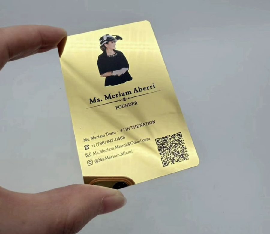 Mirror gold card with full-color portrait, engraved contact details and QR code
